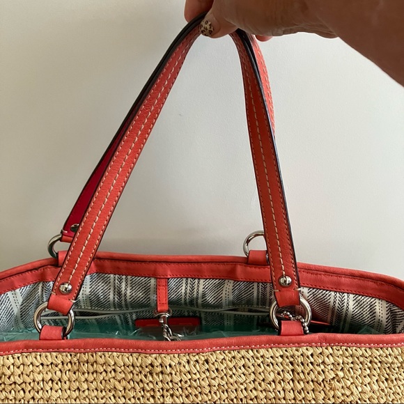 COACH 22904 Woven Straw Pocket Tote with orange/red leather accents - Picture 11 of 16